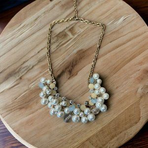 FAUX PEARL STATEMENT BUBBLE NECKLACE, GOLD TONE, IVORY Clear Blue White 23”
